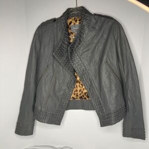 KENNA-T Women’s Biker Moto Jacket Gray Soft Leather Ring Accent Studde Size S